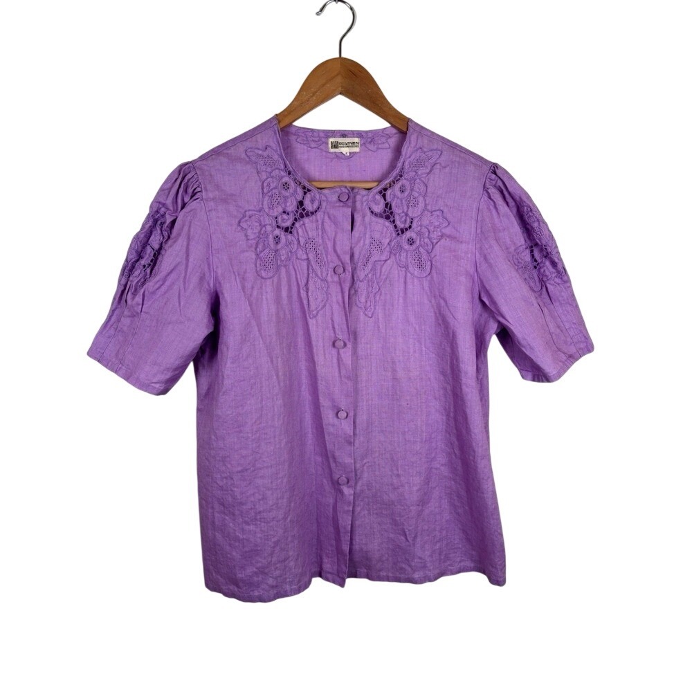 Vintage SYS Sz Large Hand Embroidered Purple 100% Linen Floral Button Top Blouse